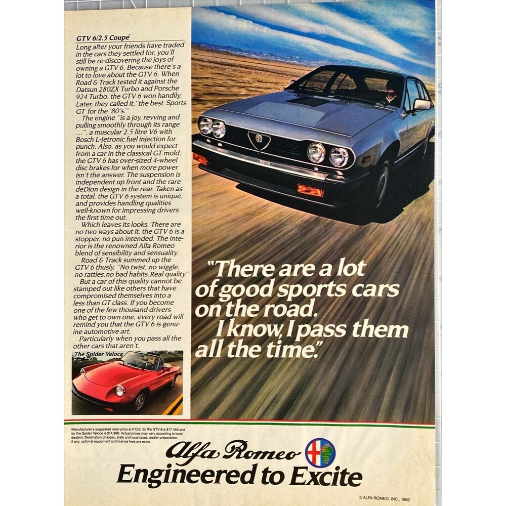 Alfa Romeo GTV 6/2.5 Coupe "Engineered to Excite" Vintage Print Ad 1982